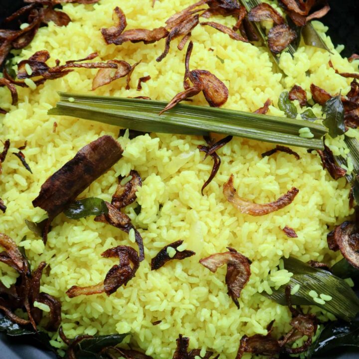 Sri lankan yellow rice or turmeric rice served on a plate