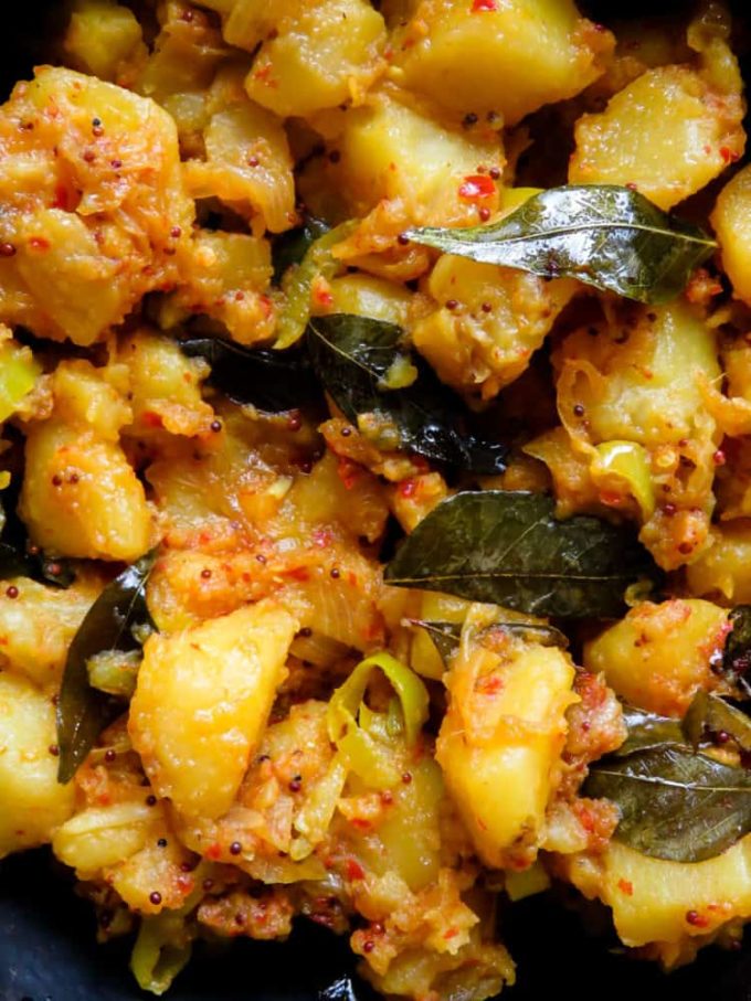 Sri Lankan spicy dry potato curry- a vegetarian, vegan curry with tempered onions, curry leaves and just enough chilli, a tasty dish to add to your rice and curry menu-islandsmile.org