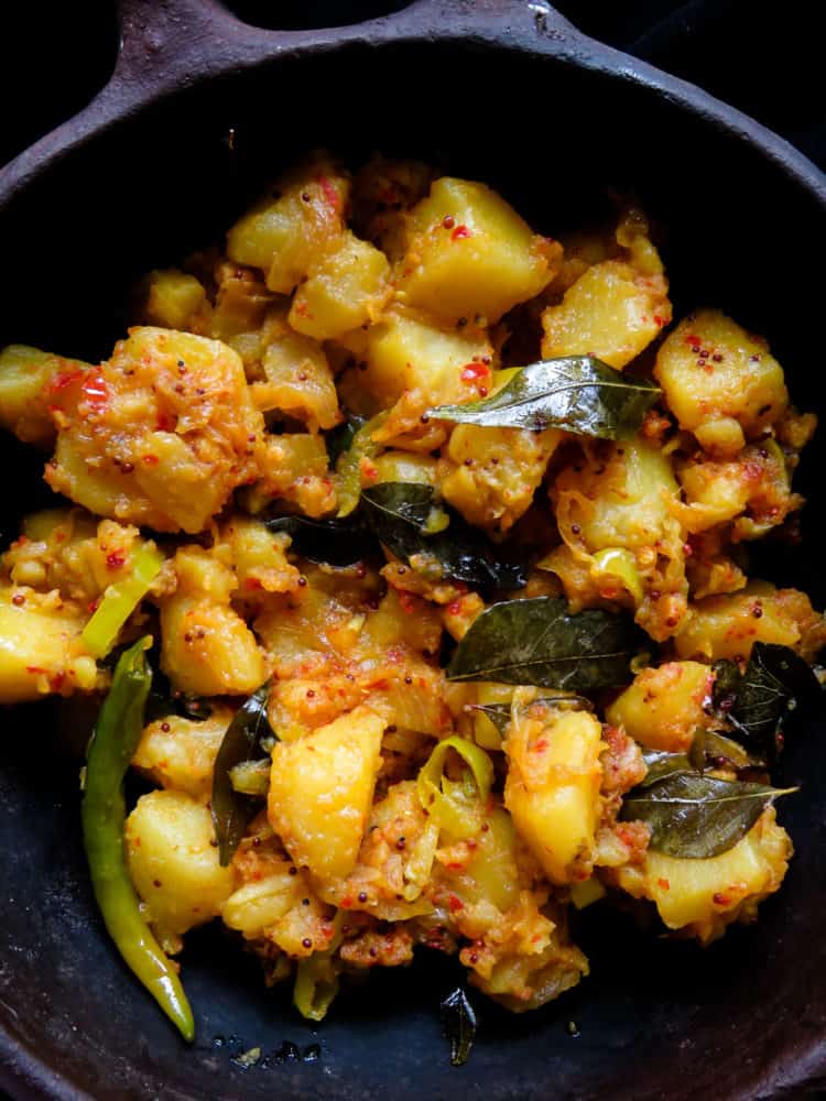 devilled potatoes is a mix of spicy tempered ingredients and potatoes mixed and cooked together.