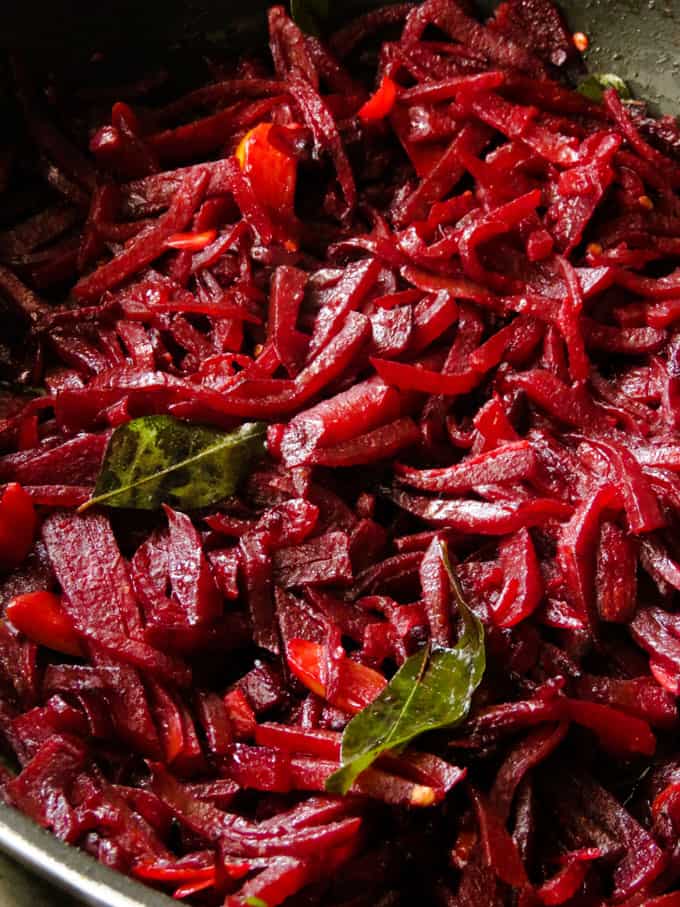 Sri Lankan beet root curry with curry leaves.