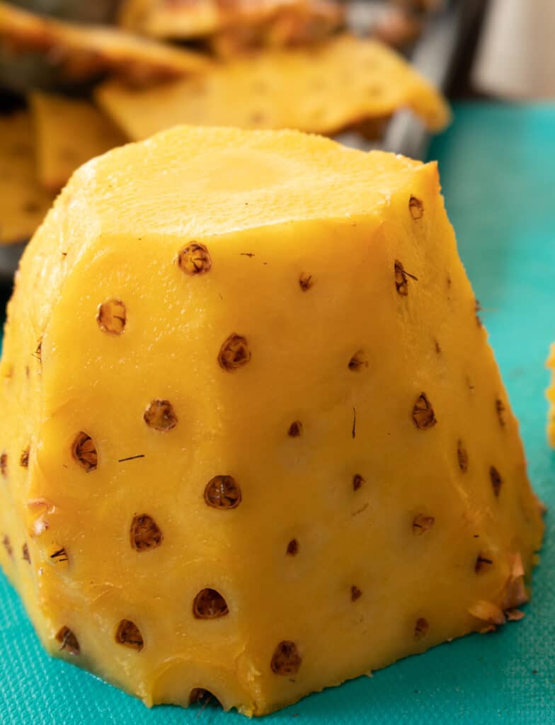 half a pineapple cleaned and ready to be cubed to make the pineapple chutney.