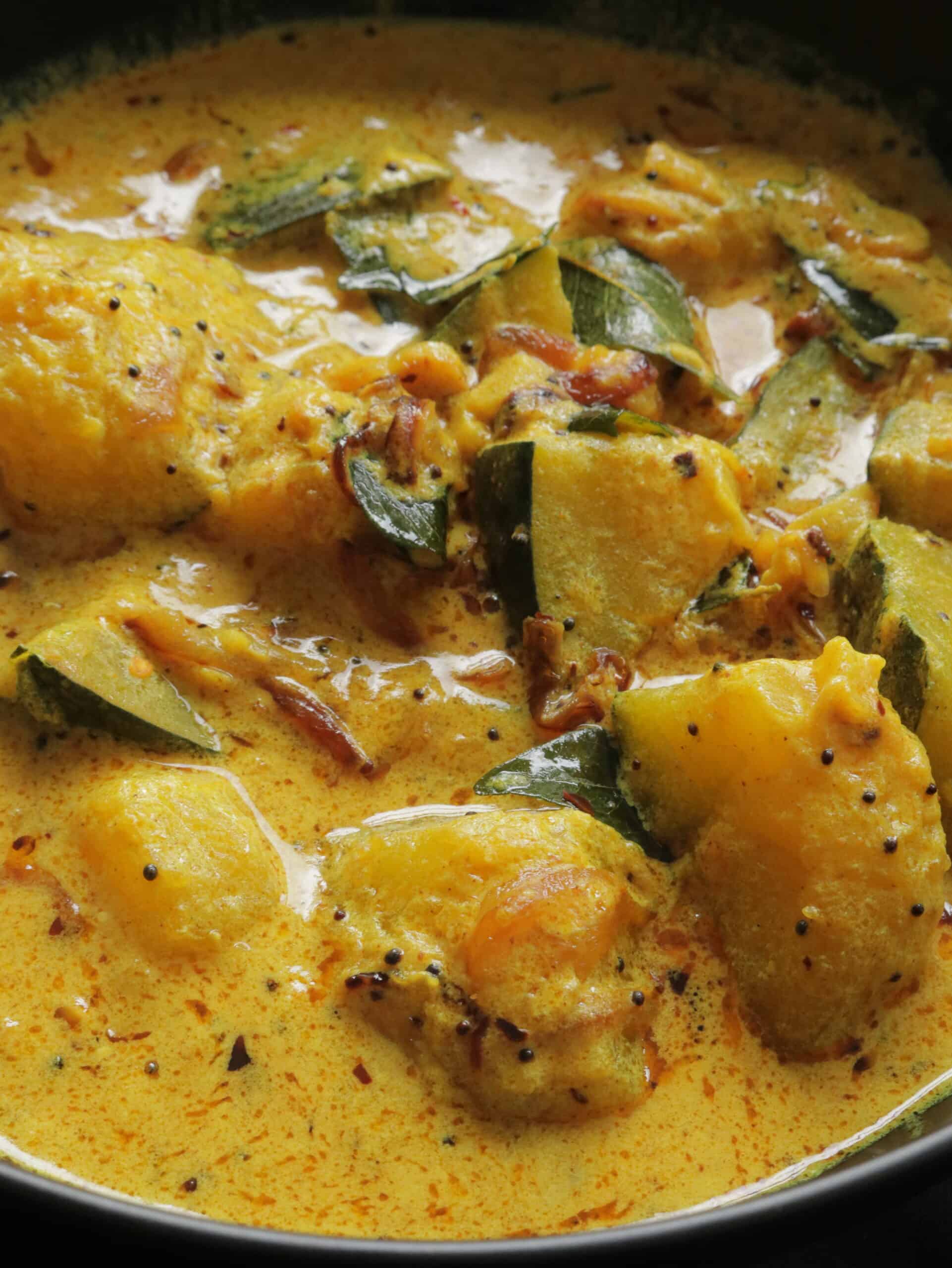 Sri Lankan pumpkin curry with tempered spices and onions, curry leaves.
