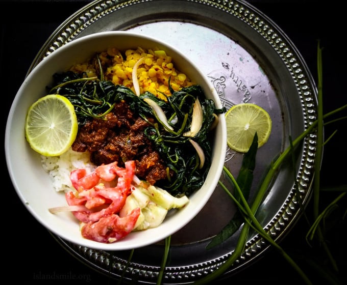 beef rendang, tomato salad, dhal curry and easy kangkung stirfry. find recipe on www.islandsmile.org