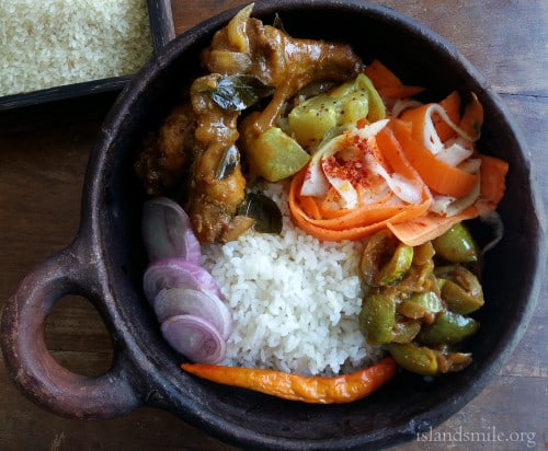 A meal in a bowl, Rice, Yellow Cucumber cooked in coconut milk, Dry Thai egg-plant curry, a salad of carrot ribbons, chicken drumsticks baked and cooked in a gravy with Srilankan spices.-500