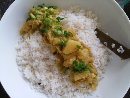 A simple Srilankan meal with Rice, Fish curry cooked in Tamarind and Coconumilk, a mild leeks and Potatao curry, Beets and Shallots.