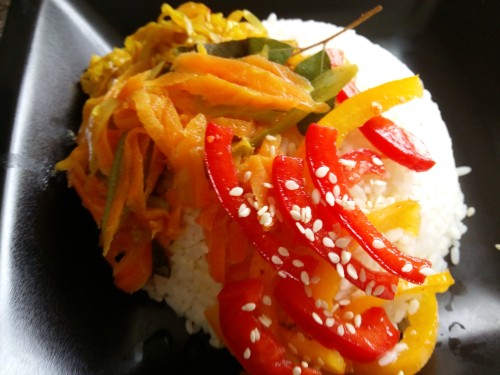 rice, a tangy paprika salad, beans and carrots cooked in coconut milk, cabbage stir fry and a crispy pepper beef curry.