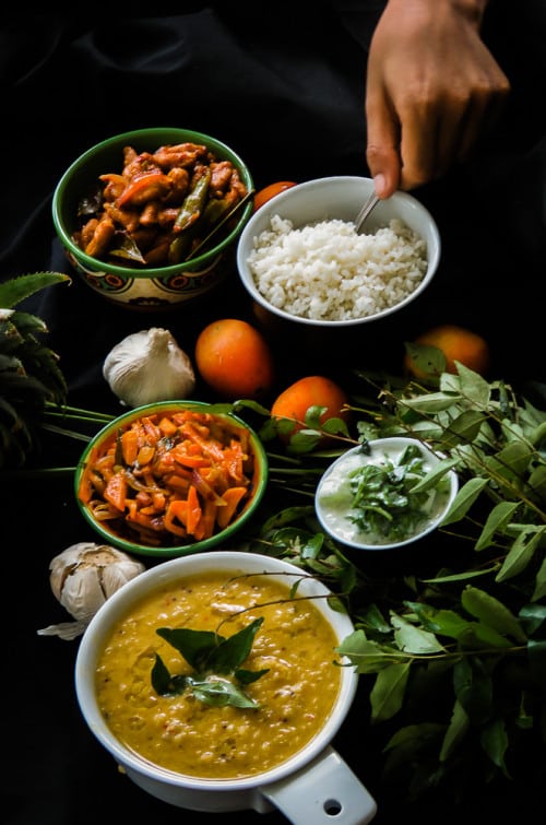 A dish of rice, dhal curry or as we Srilankans love to call it-Parippu-, spicy, tempered carrots, Soya curry and a Cilantro, Cucumber in Yoghurt salad are todays dishes on our Thirteenth Monday Bowl.-2