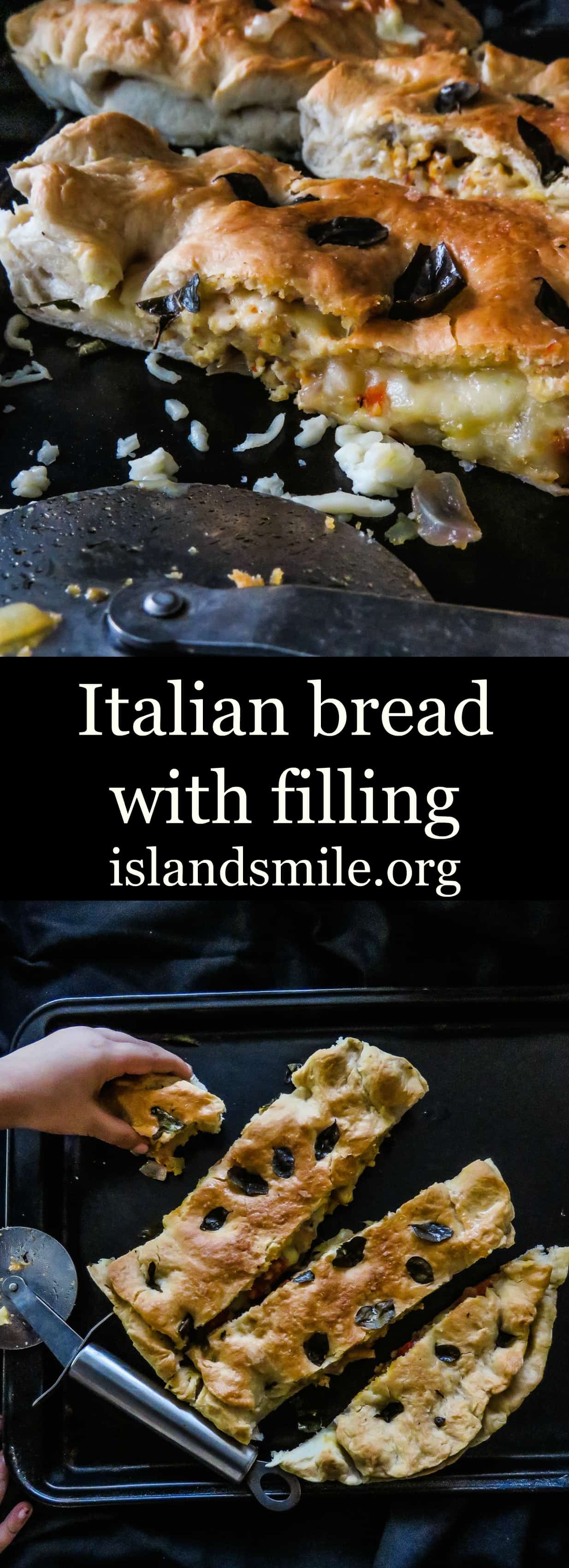A dense flat bread with a slightly crusty surface with hurbs and salt sprinked on top, then stuffed with minced chicken and cheesy filling. It makes a great substitute for Pizza.