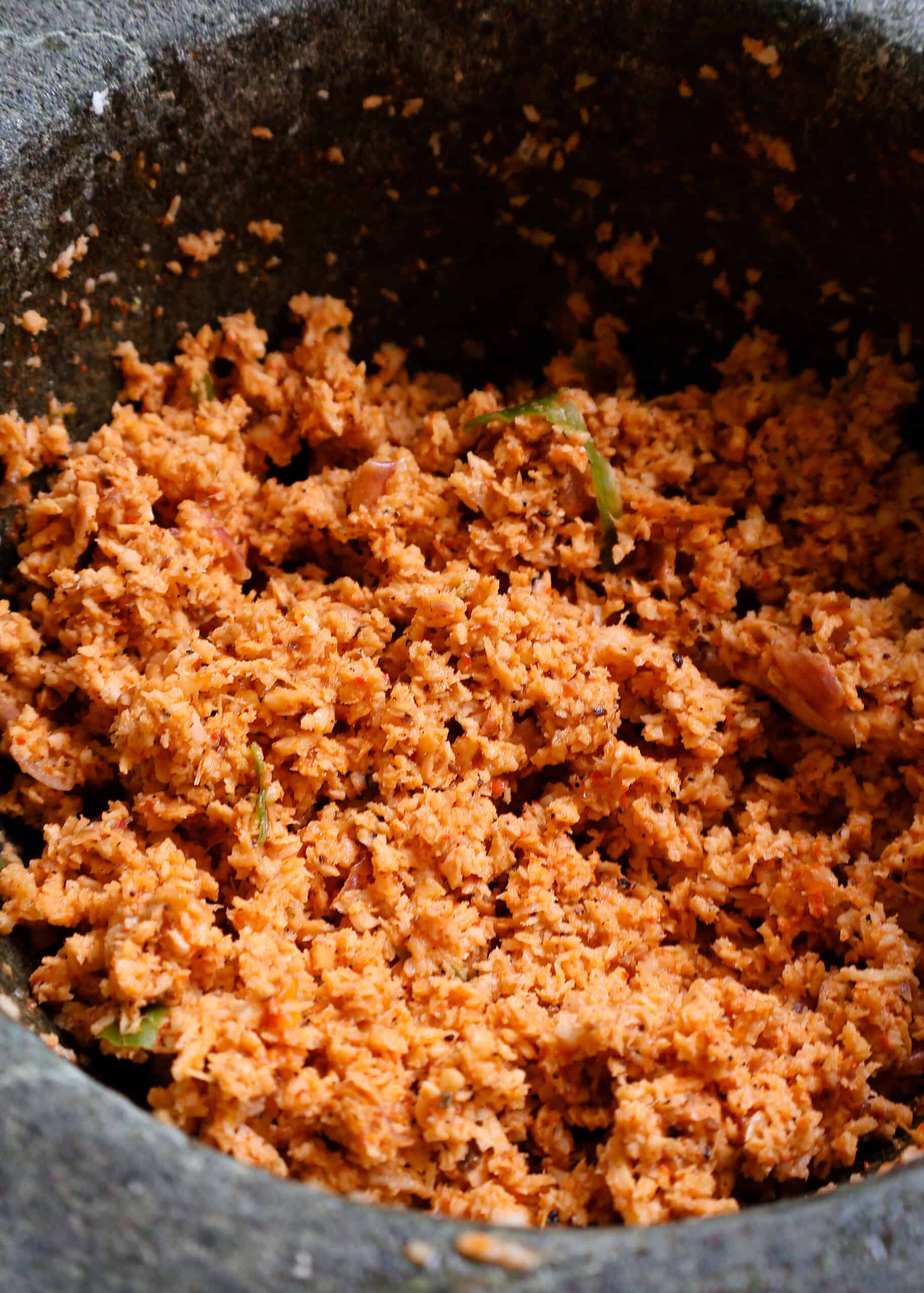 Pol sambol made using a mortar and pestle.