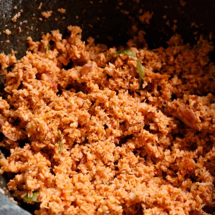 Sri lankan pol sambol scooped with a spoon.