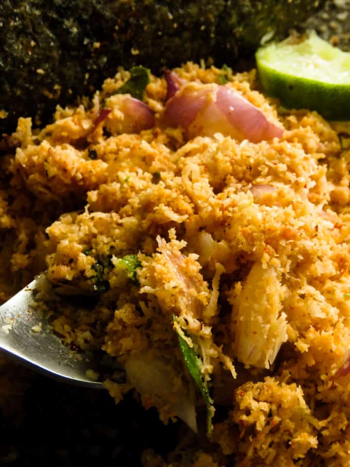 Sri Lankan coconut sambol in a spoon.