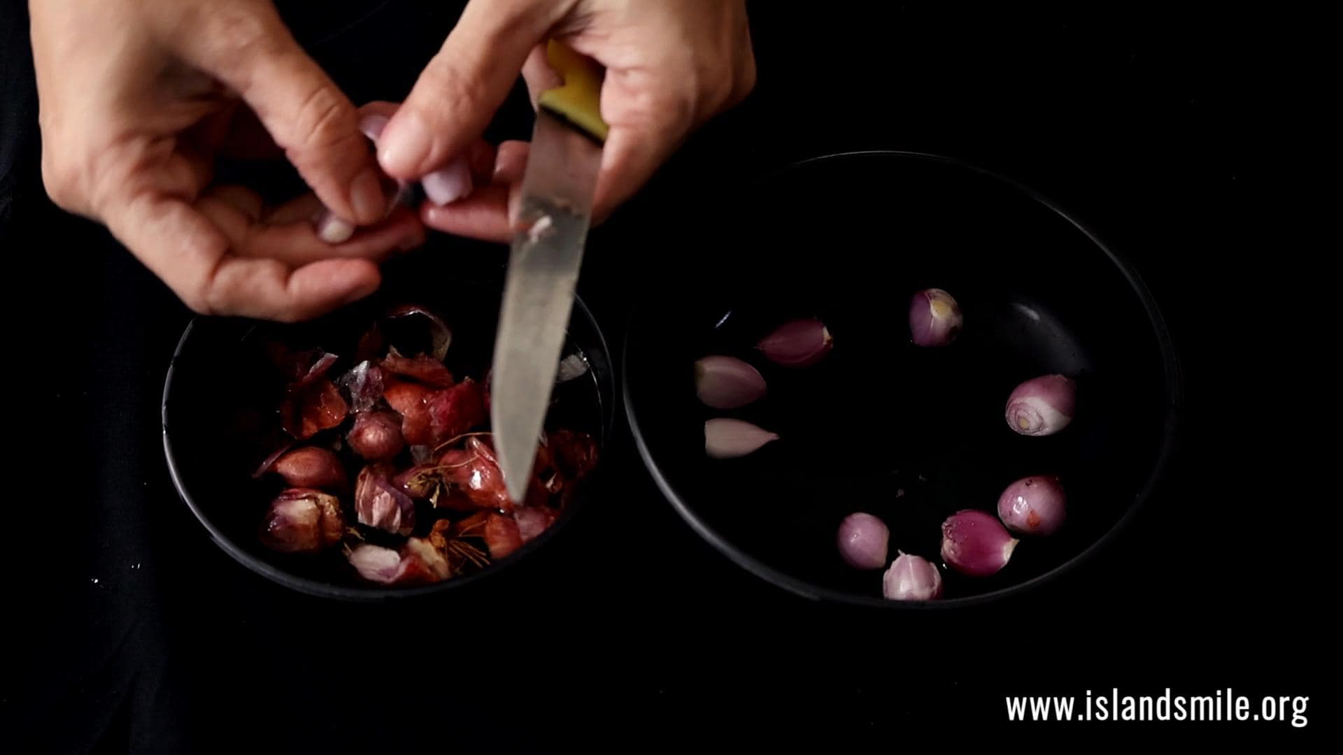 soaking and cleaning the shallots to make the pol sambol.
