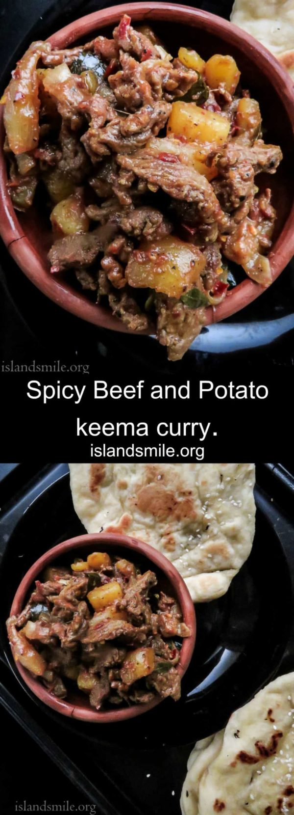 Sri Lankan spicy beef and potato keema curry. It makes a great filling for samosas, empanadas and meaty side-dish for your bread, parathas and naan. With Sri Lankan spices this shredded beef dish is a must try