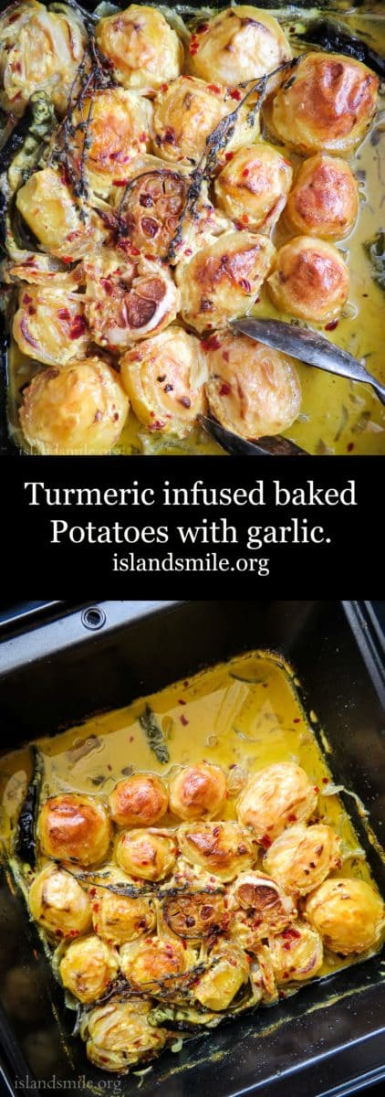 Oven roasted Turmeric and garlic potatoes crispy on the outside, soft on the inside with flavors of garlic. All the goodness of a vegetarian,  vegan and Gluten-free dish in a one-pot meal