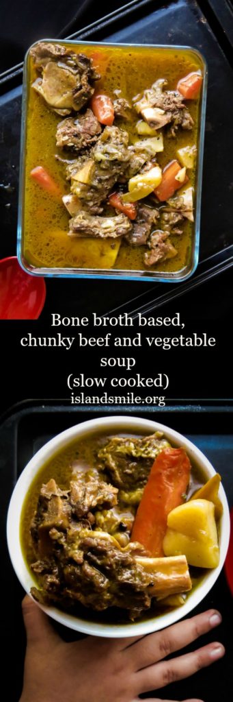 Bone broth based, chunky beef and vegetable soup.