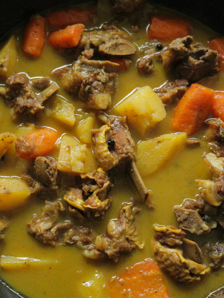 beef in bone with vegetables and potato in a bone broth.