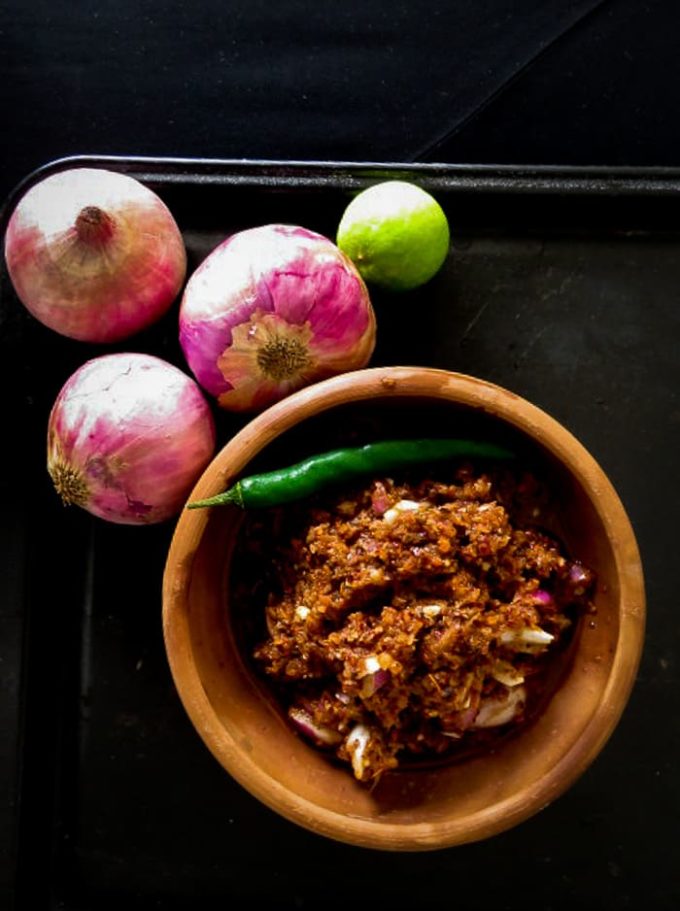 Lunumiris, a spicy condiment made up of dried red chillies, Onions and Maldive fish. It's a must have to enjoy a good home cooked Sri Lankan Breakfast-islandsmile.org