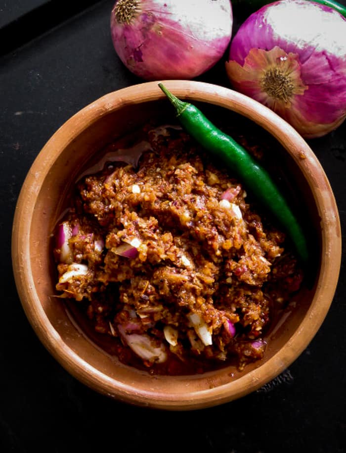 Lunumiris, a spicy condiment made up of dried red chillies, Onions and Maldive fish. It's a must have to enjoy a good home cooked Sri Lankan Breakfast-islandsmile.org