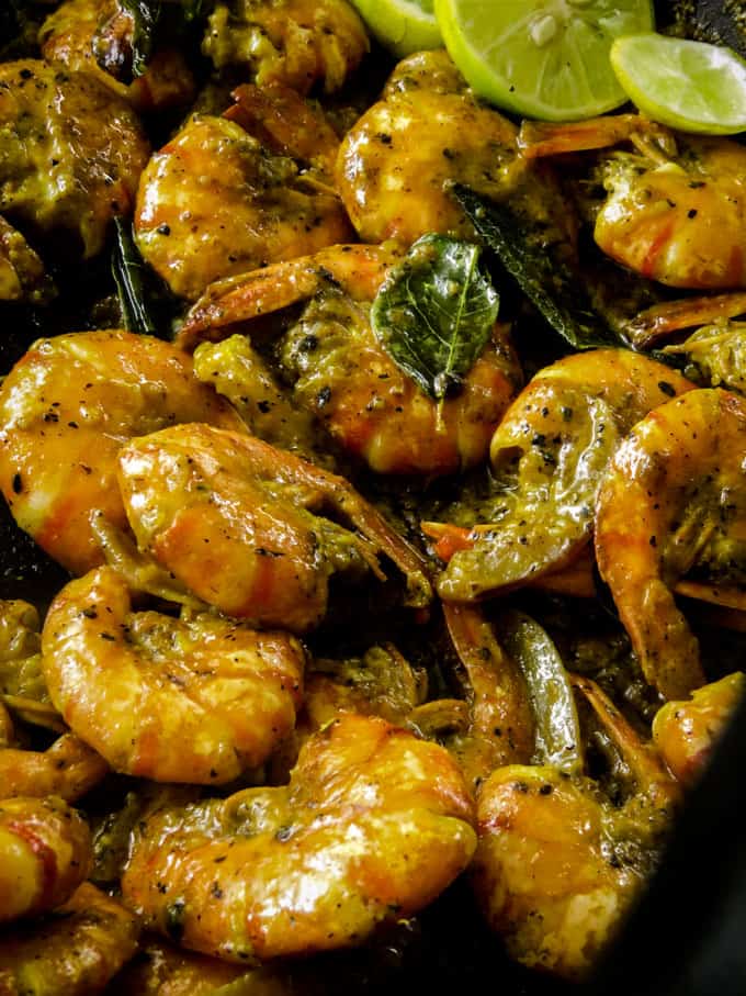 black pepper prawns(shrimp)loaded into a bowl.