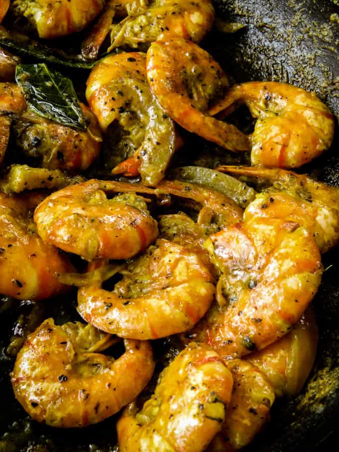 cooked pepper prawns(shrimp) in a skillet.