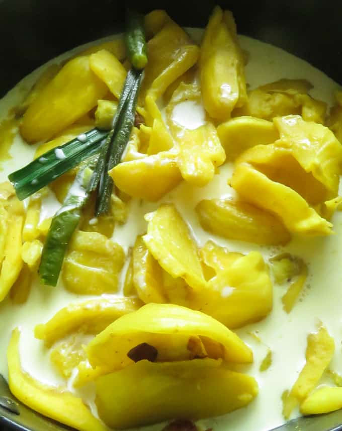 adding thick coconut milk to make the jackfruit curry.