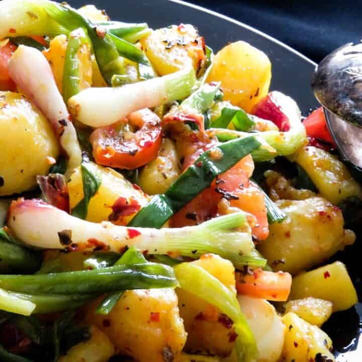 Potato, spring Onion Basil chilli stir-fry-islandsmile.org