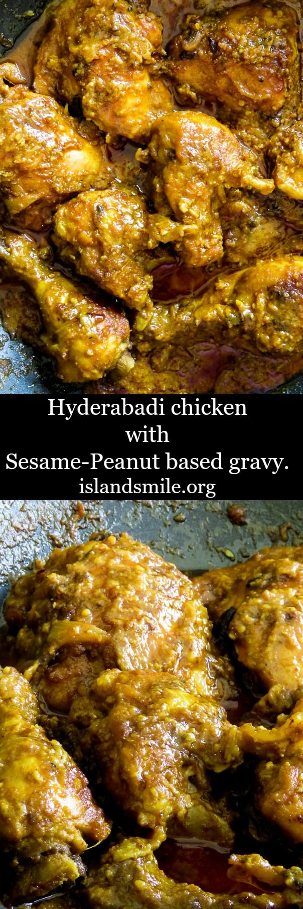 Hyderabadi chicken korma.  A chicken korma recipe from the Hyderabadi region. It's one of the popular Indian chicken curry recipes you'll want to taste. Made with a peanut-sesame gravy base, this Indian curry makes a perfect one-pot meal to share with friends and loved ones.