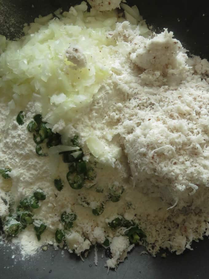 mixing ingredients for the coconut roti.