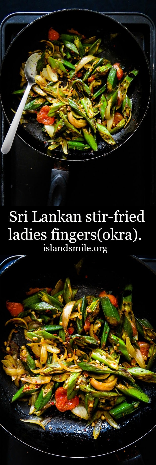 okra stir fry cooked in a frying pan placed ina black tray with a spoon in it.