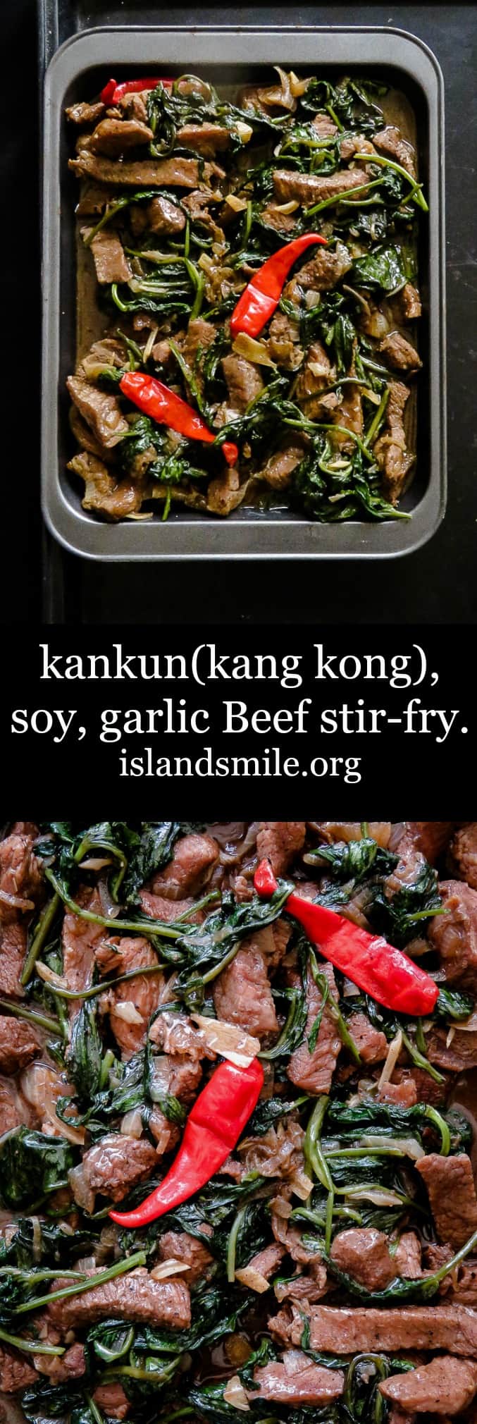 kankun(kang kong), soy, garlic Beef stir-fr. Tender beef cooked in Oyster and Soy base sauce. Make it and see them fall in love with this simple yet delicious dish.