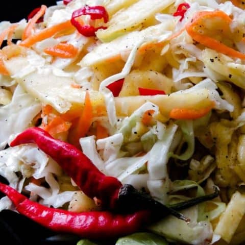 Pineapple-cabbage coleslaw- a spicy tropical coleslaw you can munch on as a side dish or use as a topping for your burgers and tacos.