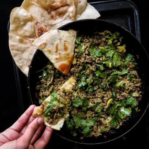 Beef keema curry, a skillet dish that makes meals easy. made with curried meat and extra garlic and coriander this Indian themed dish can be served with store-bought Pita or naan bread.