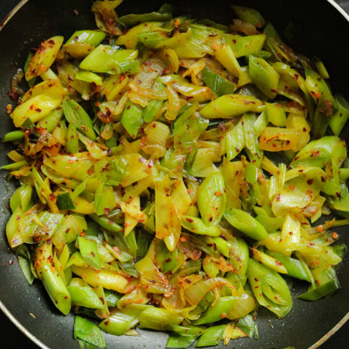 Sri Lankan chilli leeks fry(vegetarian, vegan).