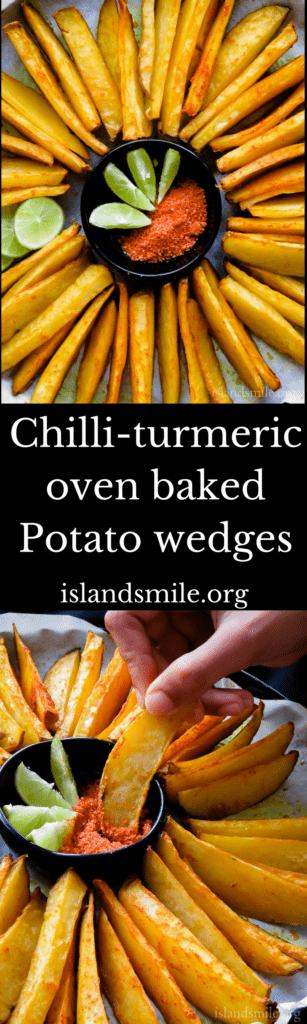 Crispy Oven-baked Potato wedges mixed with red chilli powder and turmeric. Crunchy on the outside, soft on the inside and spiced up with turmeric, chilli powder is how I'll describe these oven-baked potato wedges. Get ready to make a platter of spicy potato wedges with just 5-ingredients that you can find in your kitchen pantry.#snacks #vegan #vegetarian  #potato #fries #5ingredient