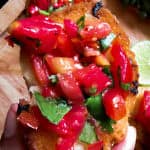 Spicy tomato-red chilli, coriander bruchetta
