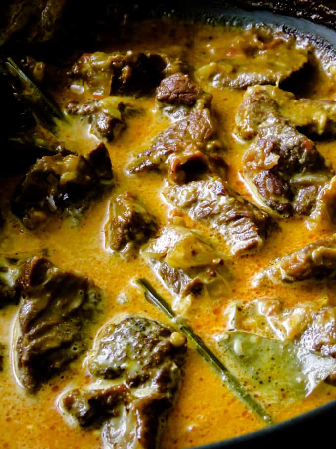 cooked beef curry in a pan.
