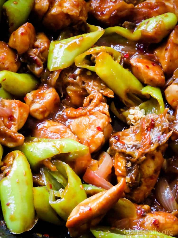 Sri  Lankan devilled chilli chicken stir-fry with green peppers and wedges of onions