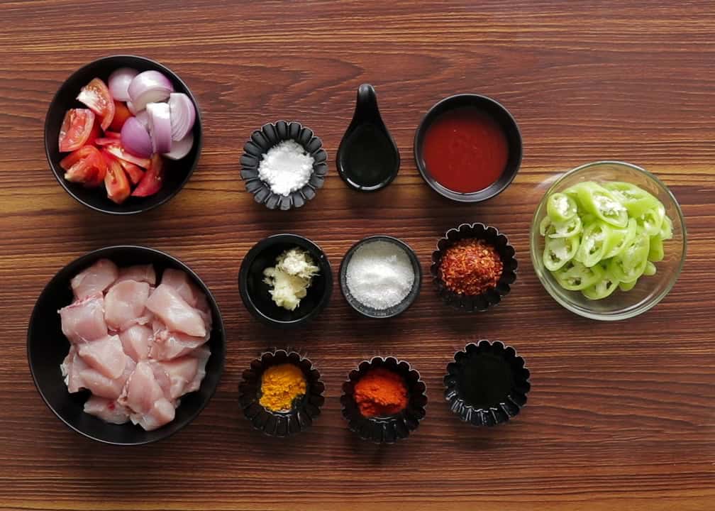 ingredients in separate bowls to make Sri Lankan devilled chicken.