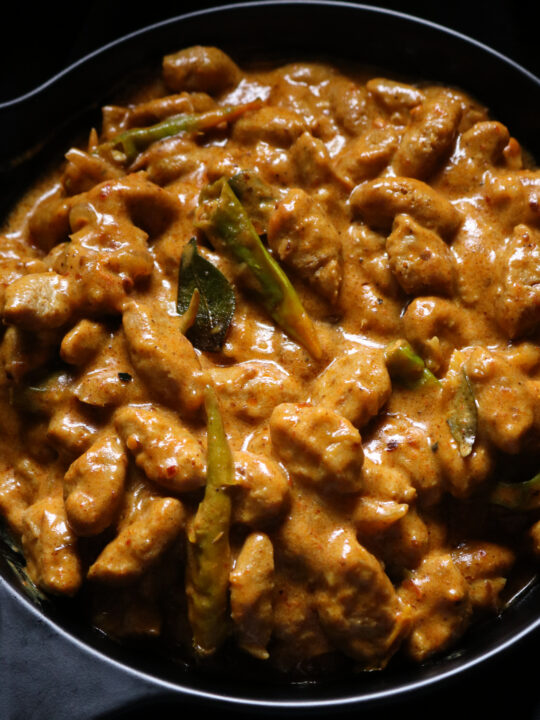 soya meat curry served in a bowl.