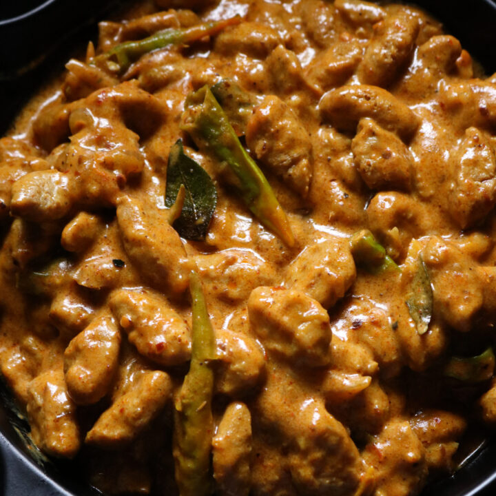 soya meat curry served in a bowl.