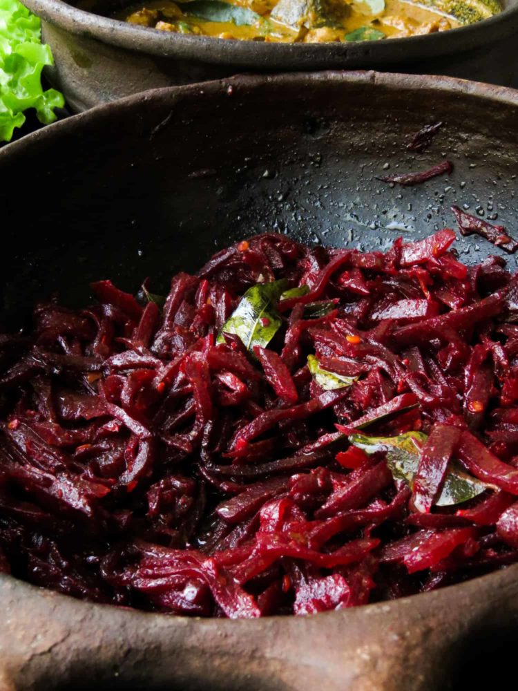 Sri Lankan Beetroot curry served in a clay pot.