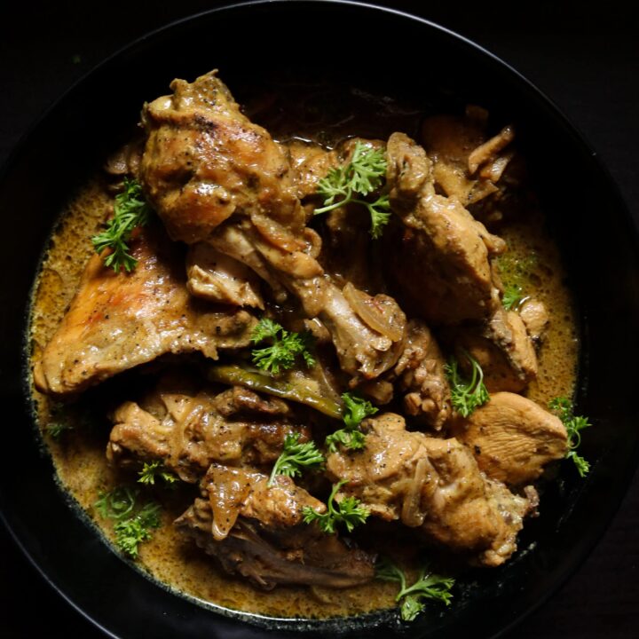black pepper chicken curry served in a bowl
