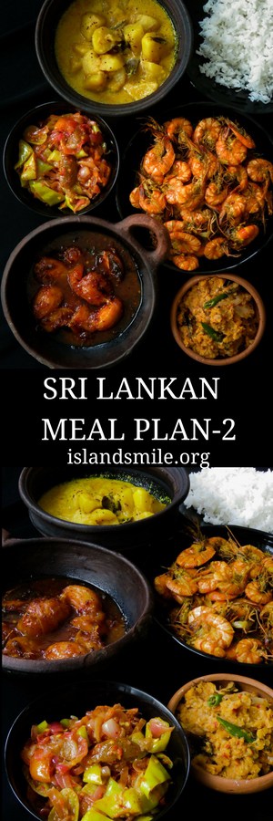 Sri Lankan meal plan 2- Rice with a prawn curry cooked in coconut milk, tempered-dry spicy dhal, capsicum with pickled lime sambol, a creamy potato milk curry and a sweet and spicy ambarella curry makes up this five-dish menu.-islandsmile.org