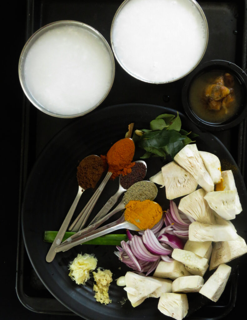 all the ingredients needed to cook the baby jackfruit curry.