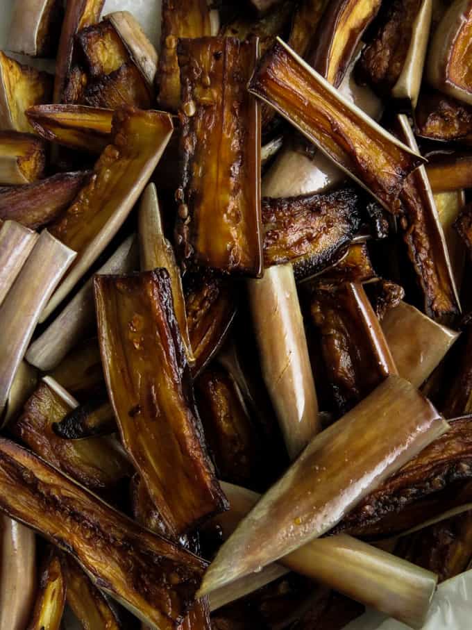 fried eggplant strips for brinjal moju.