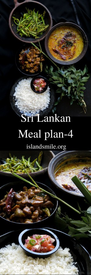 Sri Lankan meal plan 4- home-cooked meals you can easily put together on your own. Rice, cummin-pepper dry bean curry, dhal curry, soya meat curry and an onion, green chilli sambol makes a simple meal plan you can try at home-islandsmile.org
