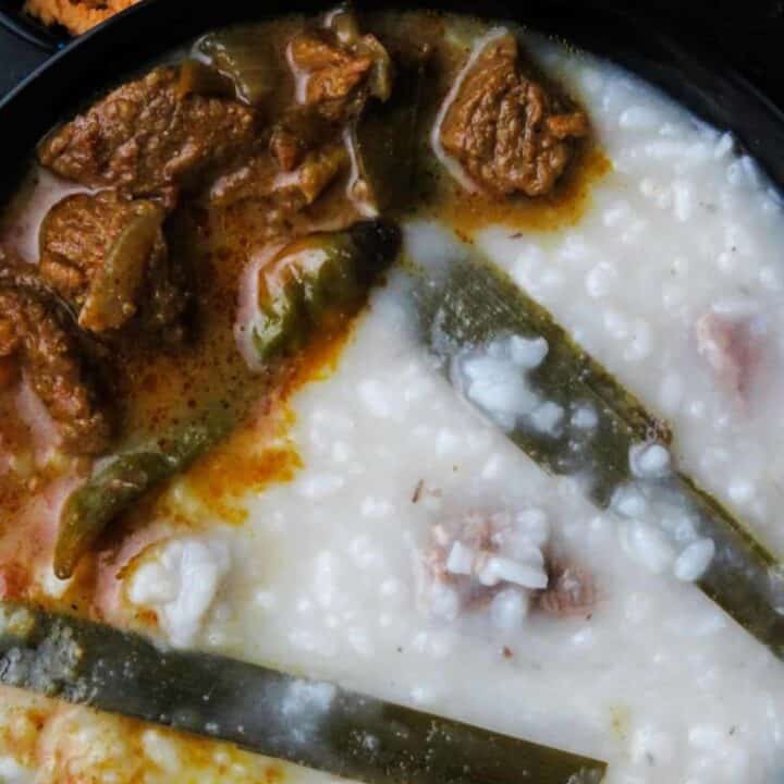 Beef and rice kanji(Sri Lankan, congee)- a staple for breaking fast(iftar), a rice porridge made with a combination of beef stock and coconut milk, slow-cooked gives you the tastiest bowl of congee that warms you up from within.-islandsmile.org