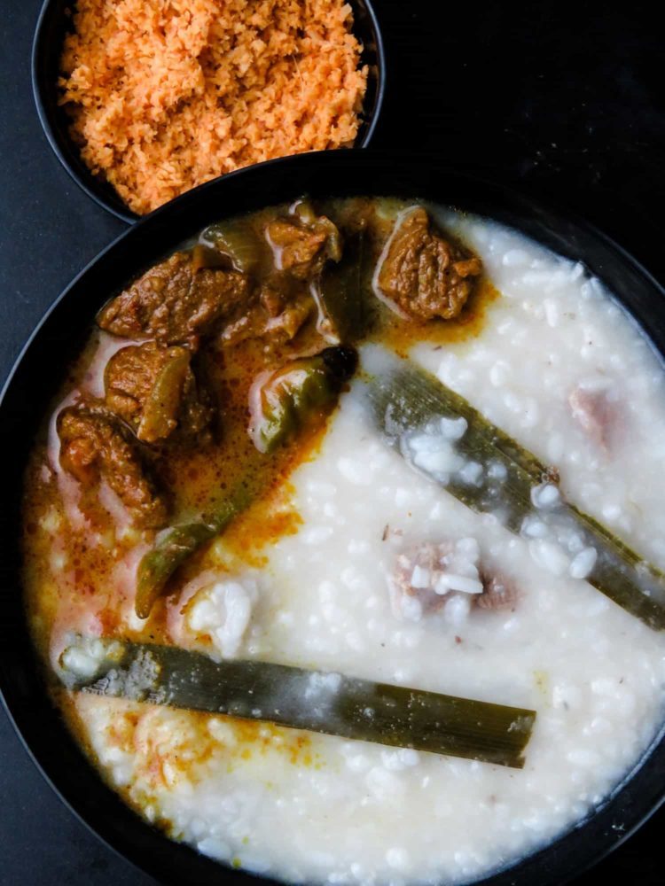 Beef and rice kanji(Sri Lankan, congee)- a staple for breaking fast(iftar), a rice porridge made with a combination of beef stock and coconut milk, slow-cooked gives you the tastiest bowl of congee that warms you up from within.-islandsmile.org