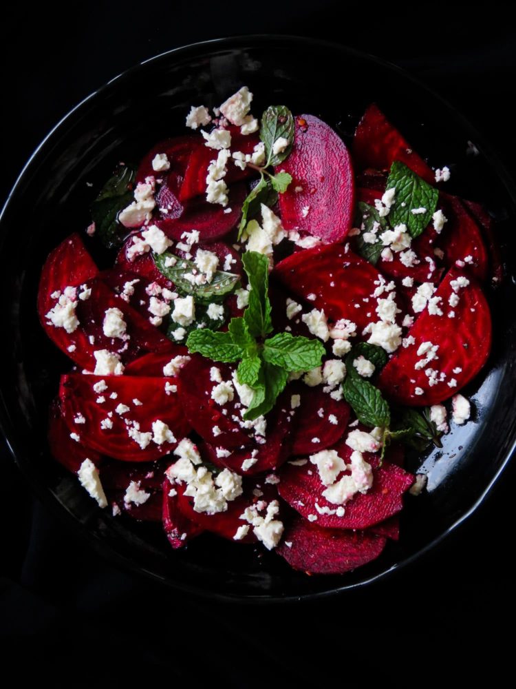 Raw beetroot-feta salad with pomegranate dressing- a beautiful salad, a pop of color on your table but also healthy and light. just 15-20 minutes from the time you peel, slice and assemble-islandsmile.org