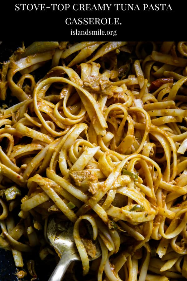 Tuna pasta dish (Sri Lankan style, dairy-free). A one-pot, creamy pasta with tuna dish made without cream or cheese. An easy pasta stovetop dinner can be as easy as making this simple non-dairy dish with loads of curry flavor and just enough heat.#nondairy #recipe #nodairy #casserole #stovetop #meals #cooking #pasta #dinner #foodie #yummy #family 